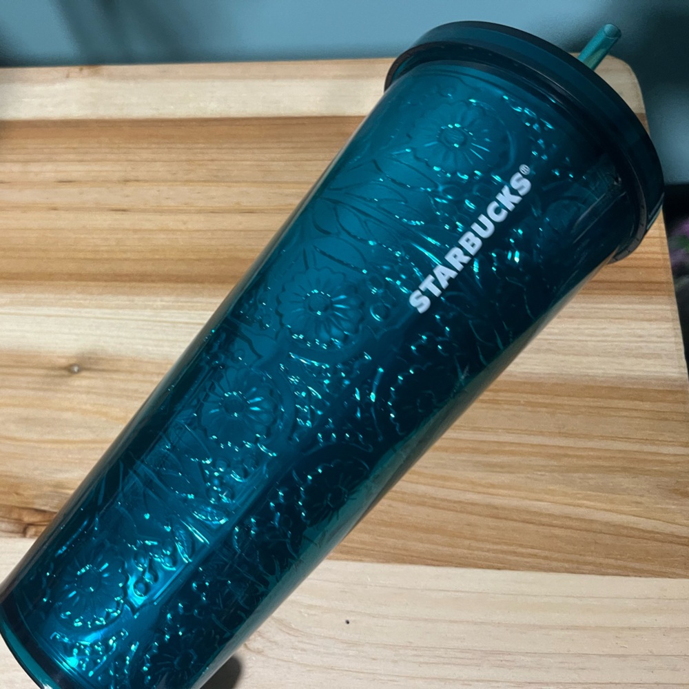 Starbucks Embossed Tin Floral Metallic Foil Teal Blue Cold Cup 24oz Tumbler 2017 - Picture 2 of 4